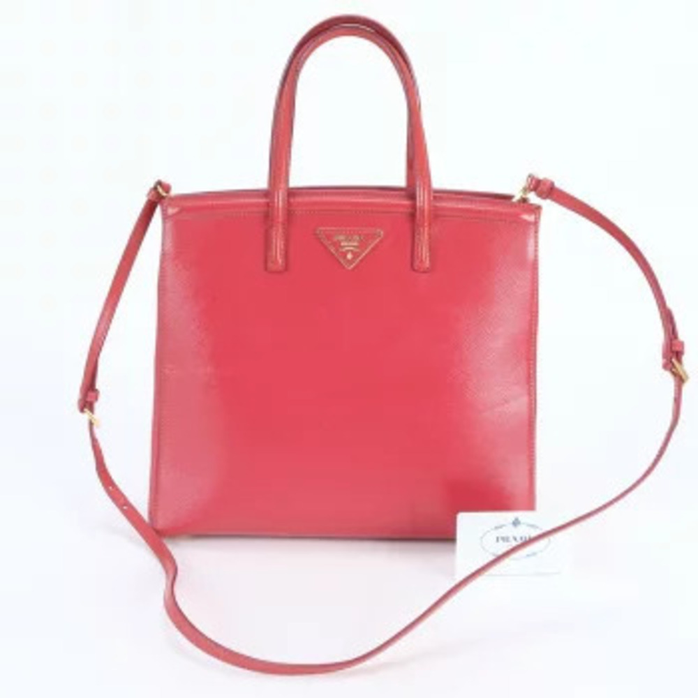 Prada Saffiano Leather Tote Card Crossbody Bag Red Pink